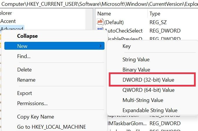 Создание DWORD TaskbarSi в реестре Windows 11