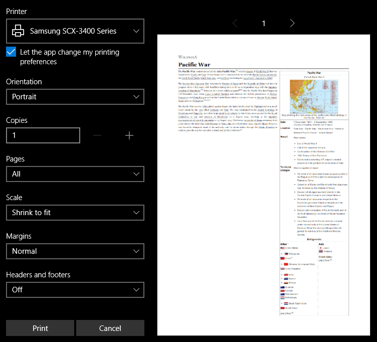 Окно печати Edge с опцией Clutter-free printing в превью