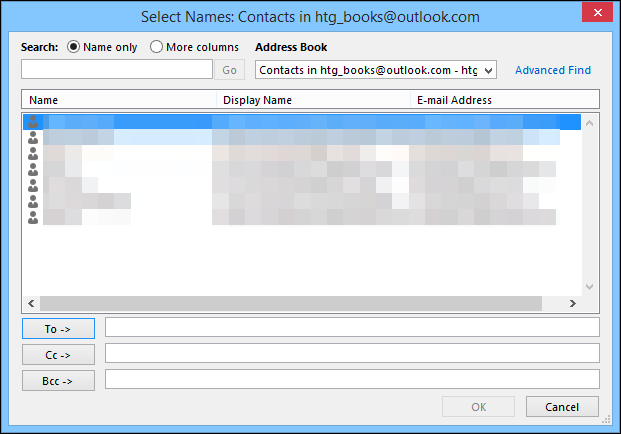 Окно выбора контактов с отмеченными контактами и кнопками To, Cc, Bcc