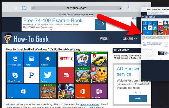 Перетаскивание вкладки вправо для создания второго окна
