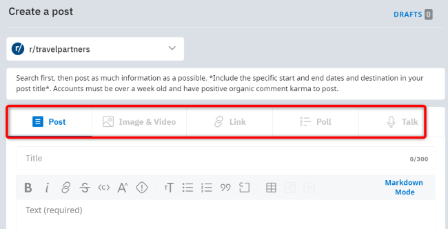 Выбор типа поста на странице создания
