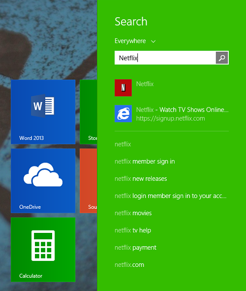Результаты поиска приложений и Интернета (пример: Netflix)