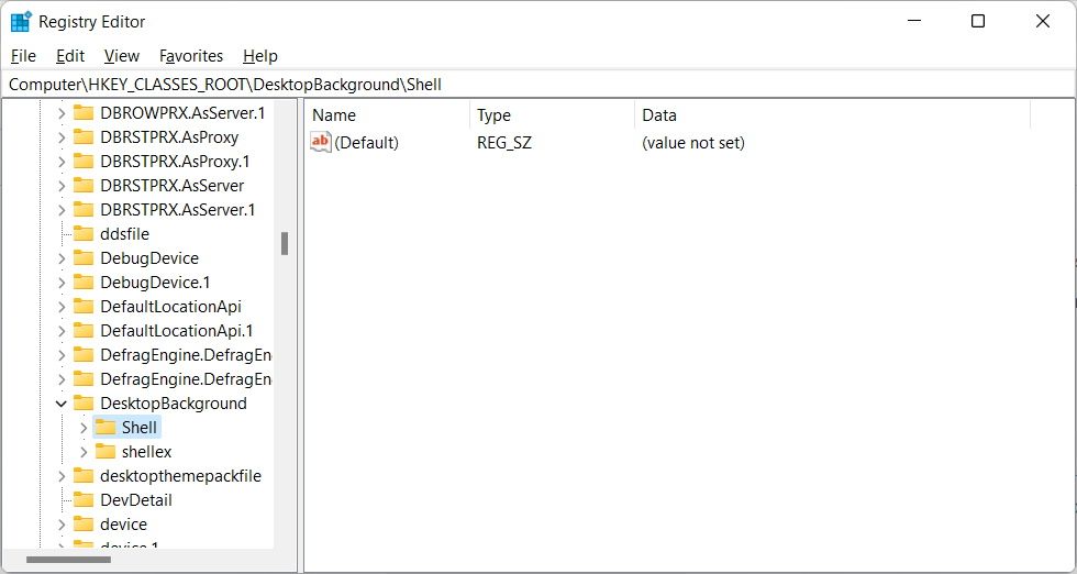 Ключ Shell в редакторе реестра Windows 11.