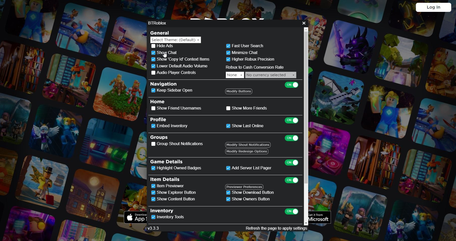 Скриншот расширения BTRoblox в браузере Chrome