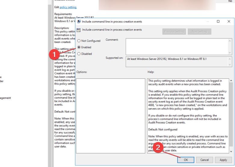 Окно включения параметра Include Command Line in Process Creation Events