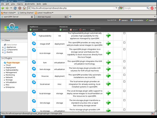 Список плагинов в Plugin Manager OpenQRM