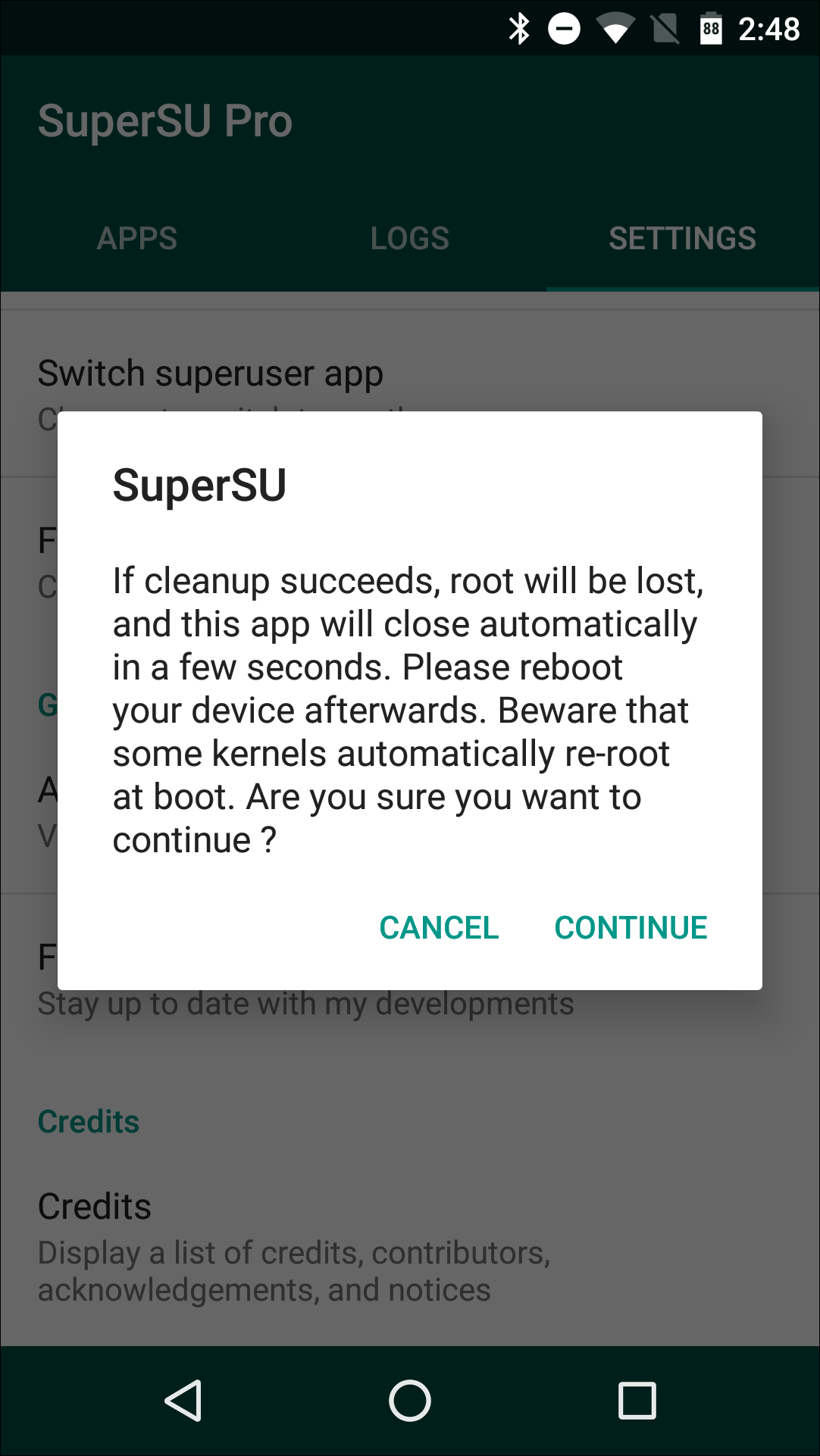 Диалог подтверждения удаления root