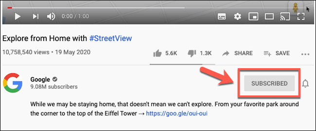 Кнопка «Подписаны» справа от названия канала на странице видео