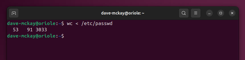 Использование редиректа для чтения файла в stdin команды wc.