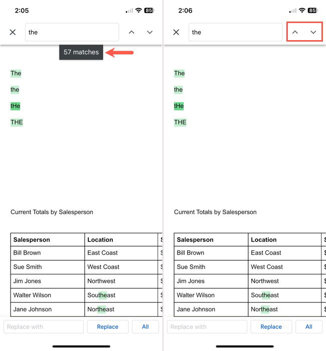 Результаты поиска и стрелки в мобильном приложении Google Docs