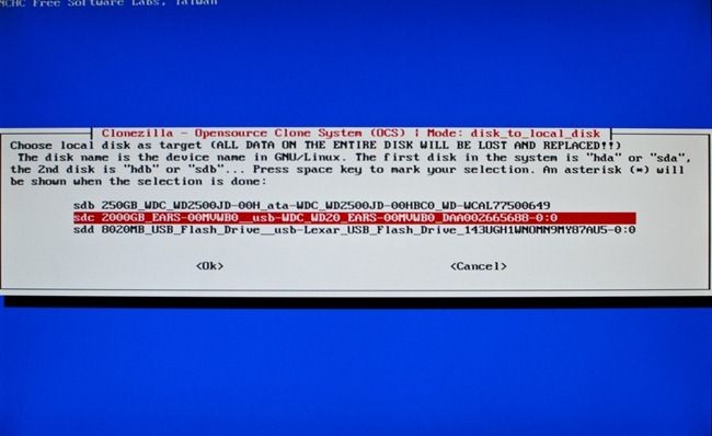 Выбор целевого диска по размеру и описанию