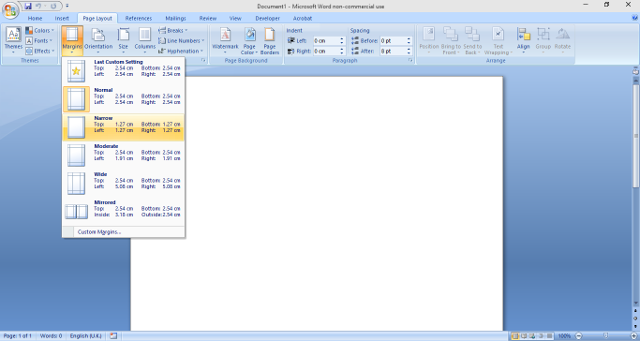 Параметры полей в Word с выбранными узкими отступами