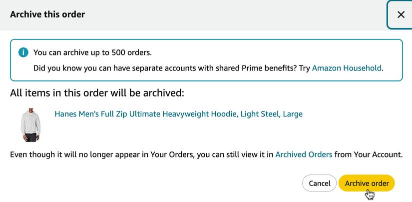 Подтвердите архивацию заказа, нажав Archive order ещё раз.