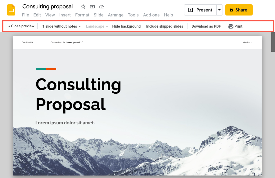 Параметры печати и предварительный просмотр в Google Slides