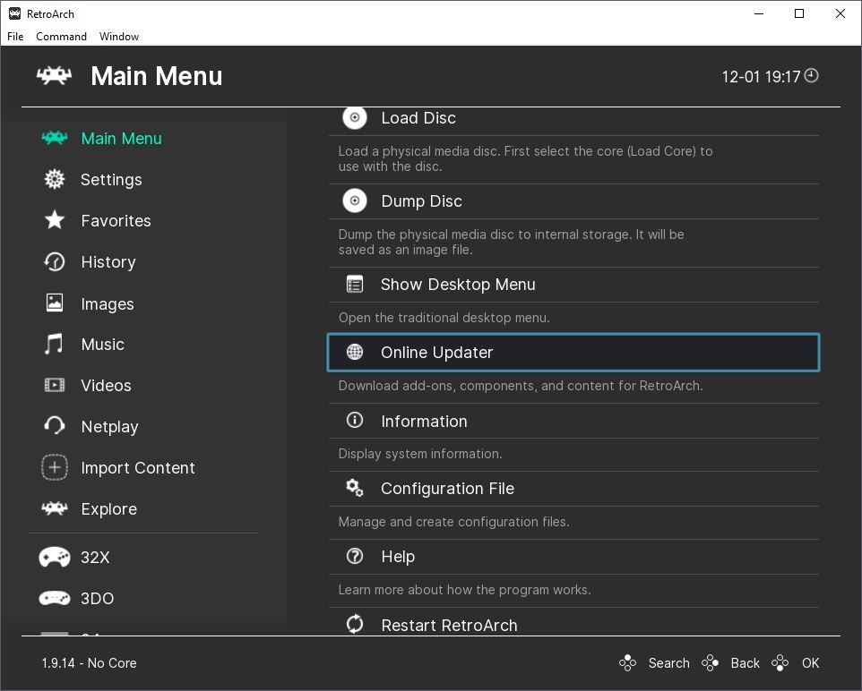 Опция Online Updater в меню RetroArch