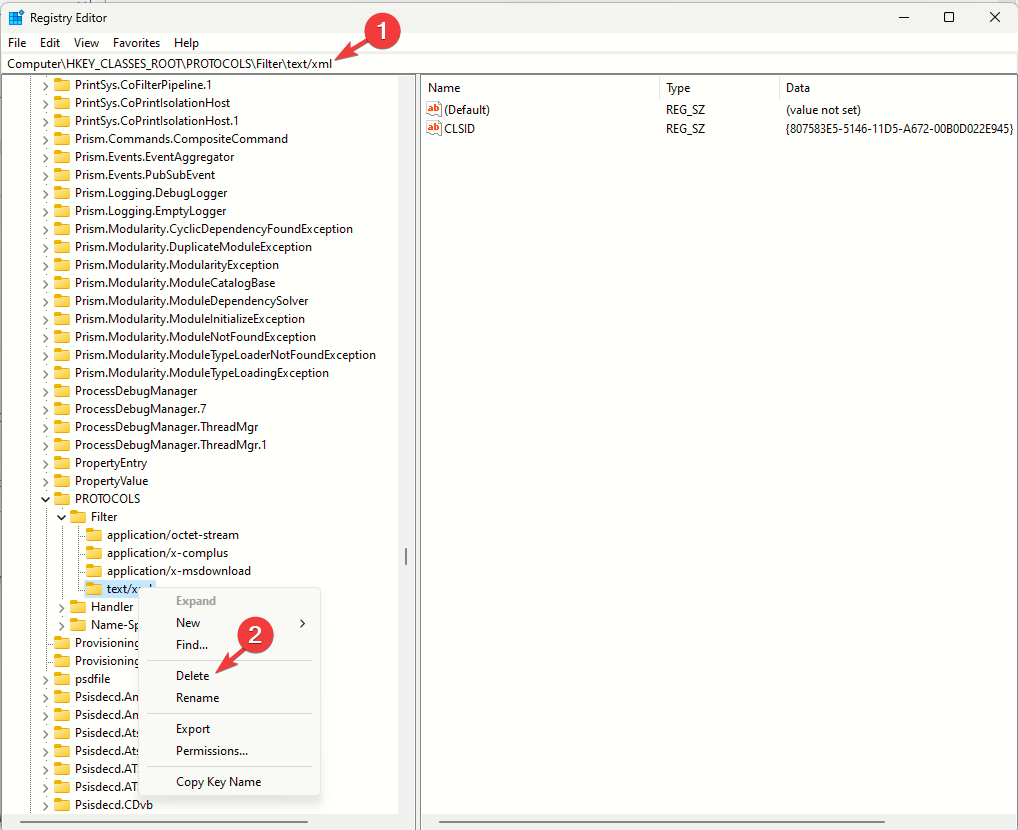 Удаление ключа text/xml из реестра