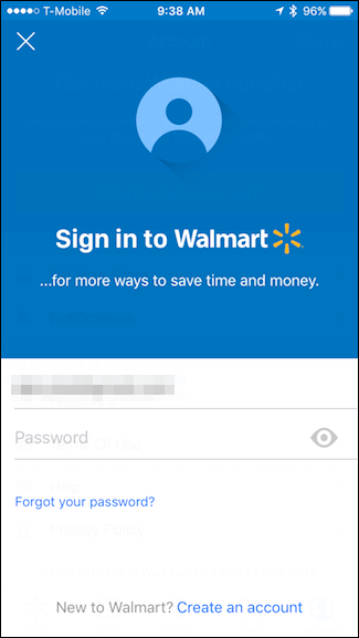 Экран авторизации в приложении Walmart