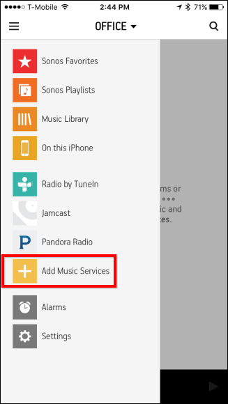 Кнопка Add Music Services в мобильном приложении Sonos
