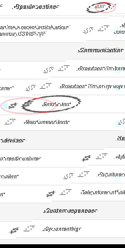 Выбор популярных действий и отправка текста