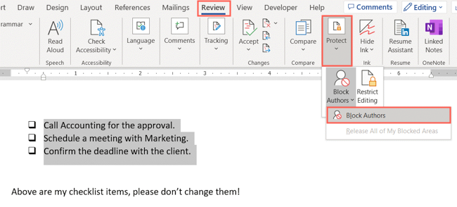Кнопка Block Authors на вкладке Protect в Word