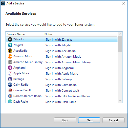Выбор и добавление сервисов в Sonos