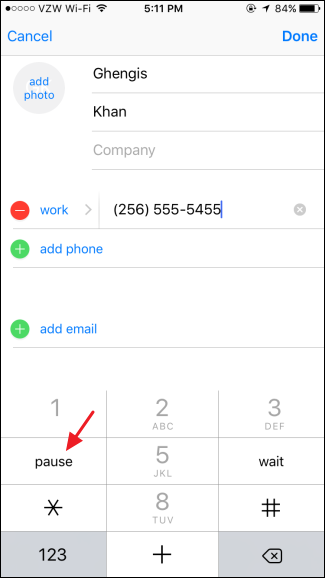 Выбор Пауза (запятая) на экране редактирования номера