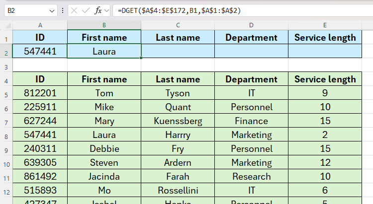 Лист Excel: в ячейке B2 получено значение Laura, извлечённое через DGET.