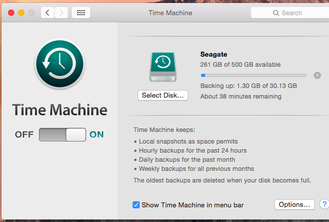 Интерфейс Time Machine с подписью о локальных снимках