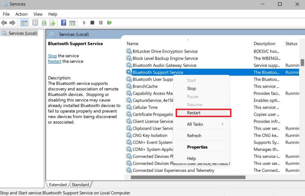 Перезапуск службы поддержки Bluetooth в диспетчере служб