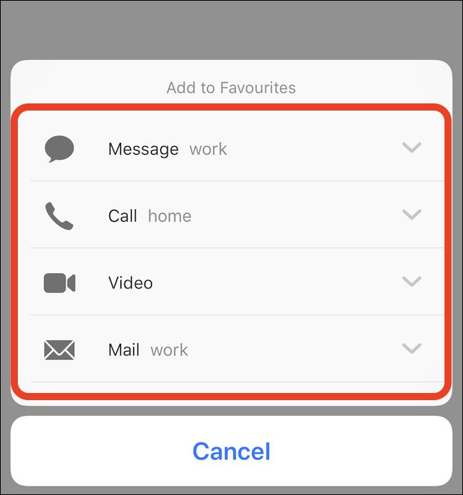 Выберите тип избранного: Сообщение, Вызов, Видео или Почта