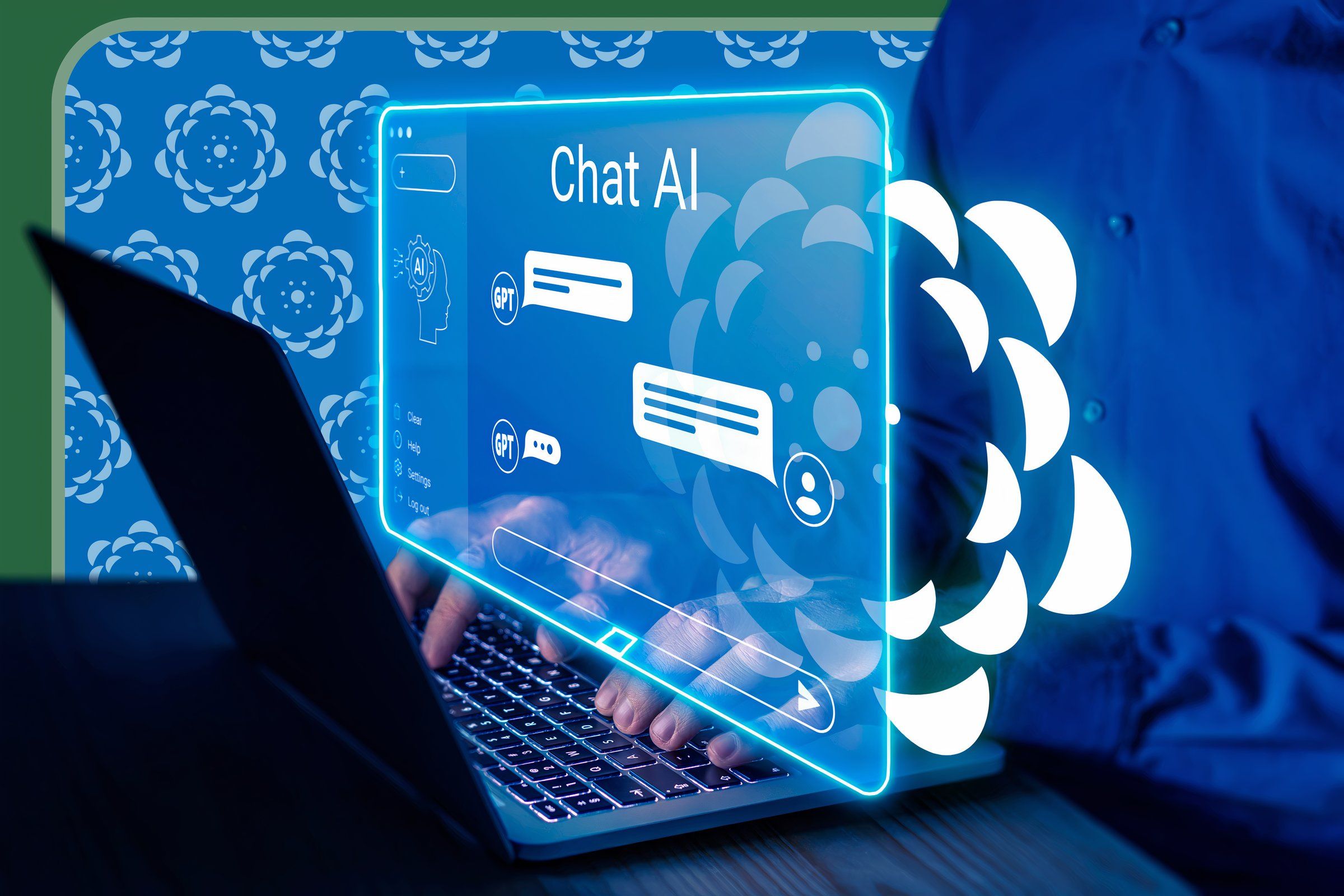 Человек использует ноутбук, ведёт диалог с чат-ботом.