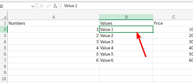 Выделение столбца B в Excel