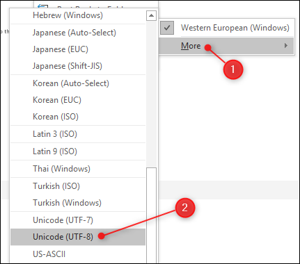 Нажмите Еще и выберите нужную кодировку