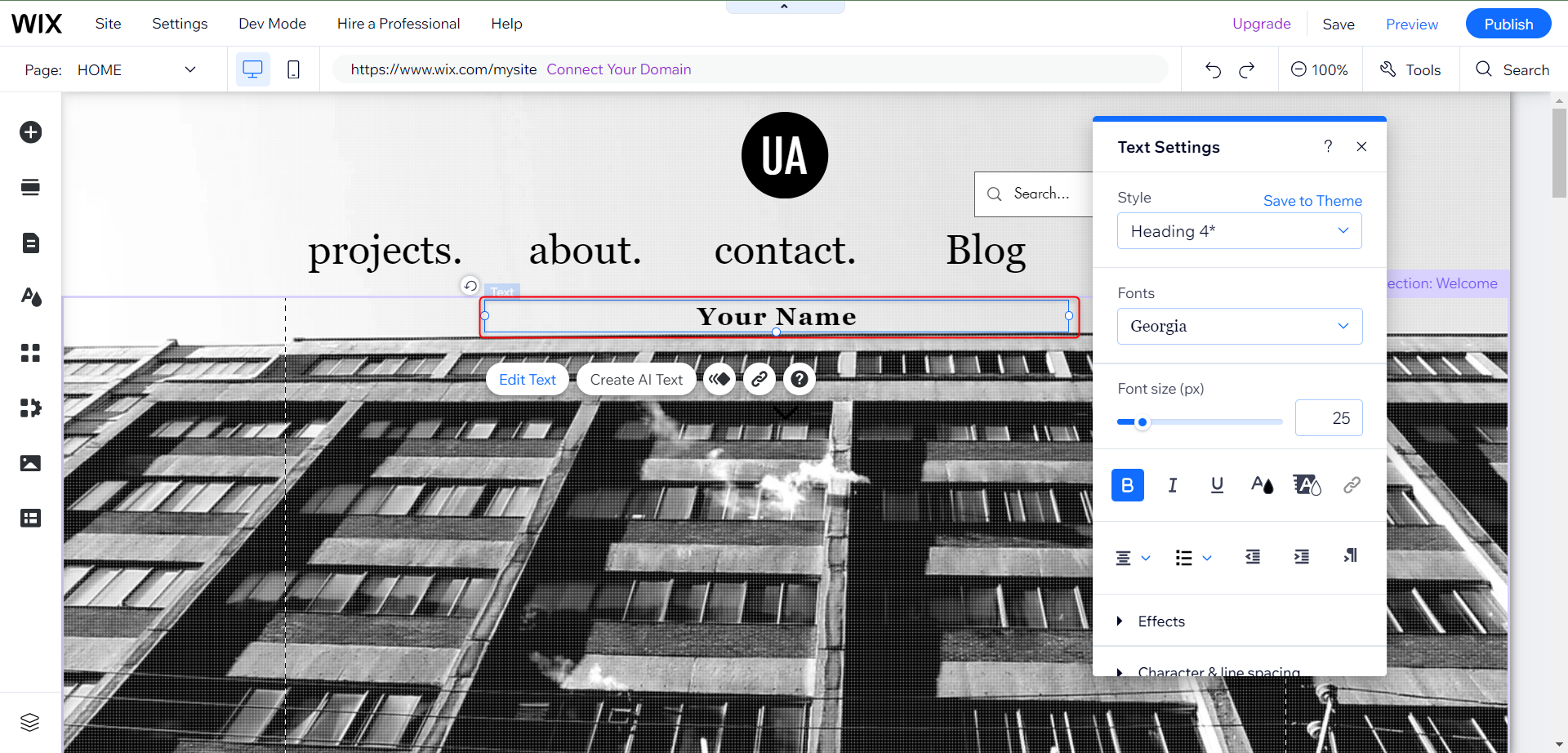Редактор Wix с возможностью редактирования текста и картинок.