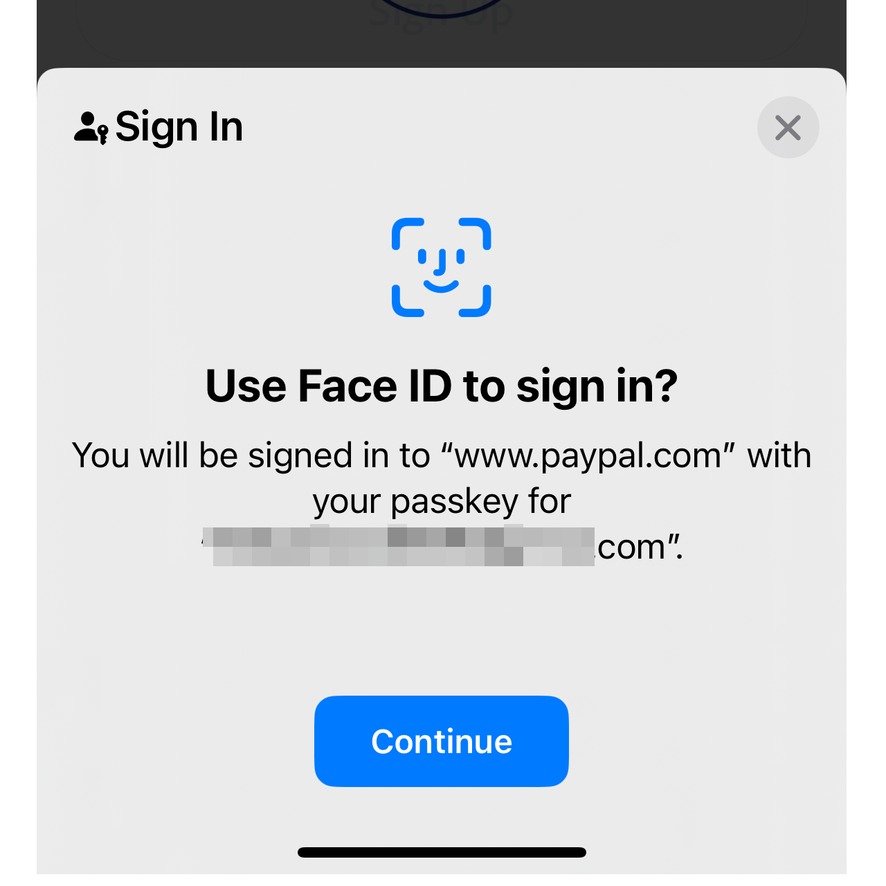 Запрос разрешения на вход в PayPal с помощью Face ID.