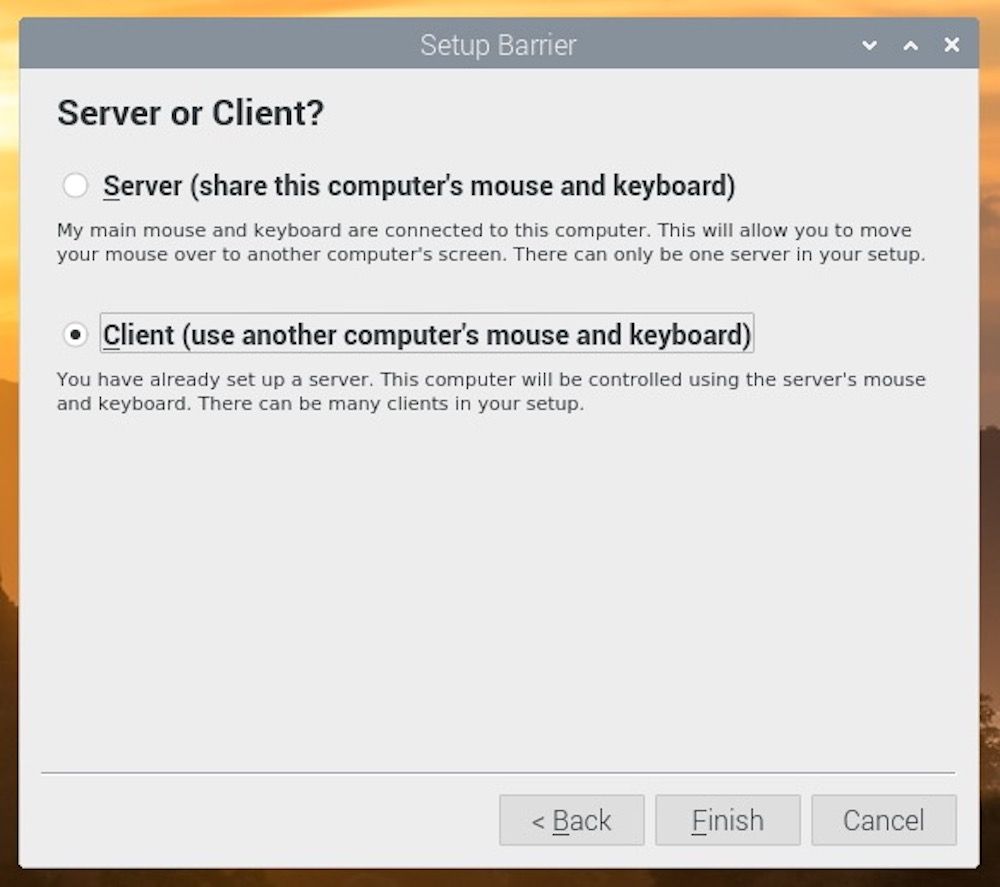 Окно Barrier на Raspberry Pi с выбором клиента