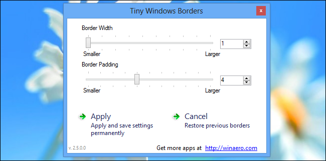 Окно программы Tiny Window Borders с ползунками для Border Width и Padding