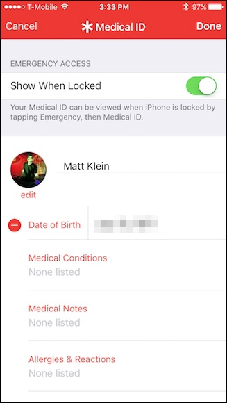 Раздел Medical ID с полями о состоянии здоровья и экстренных контактах