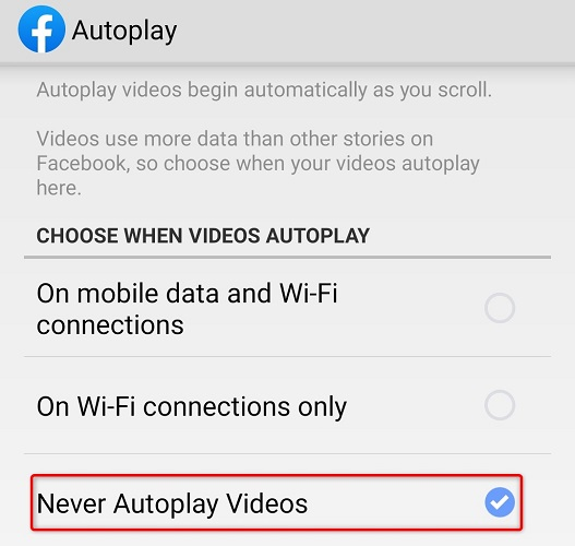 Включите опцию Никогда не автозапускать видео.