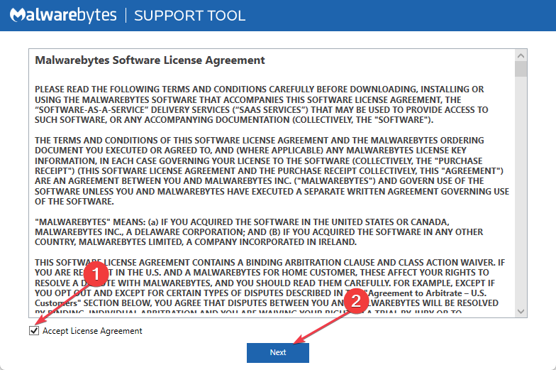 Установка Malwarebytes Support Tool — экран лицензионного соглашения