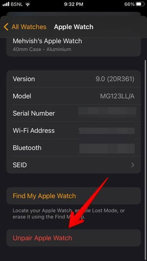 Кнопка отвязать Apple Watch