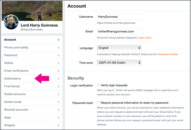 Раздел 'Уведомления' в боковой панели настроек Twitter