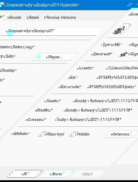 デスクトップに保存されたレジストリ全体のバックアップファイル（サイズ表示あり）の画面
