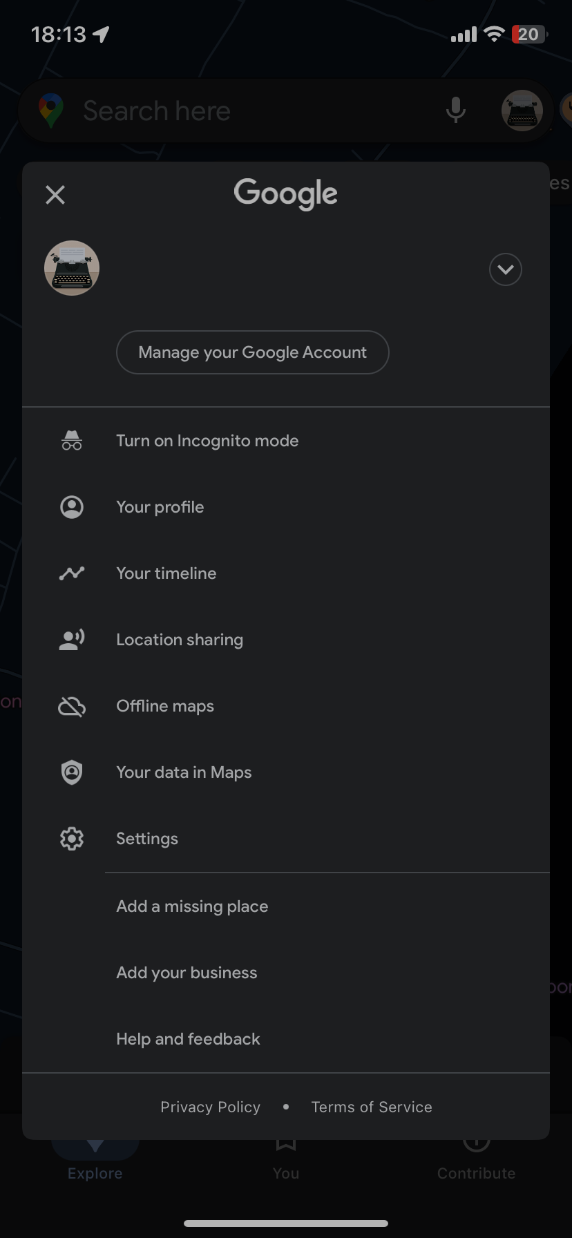 Главное меню Google Maps на мобильном устройстве