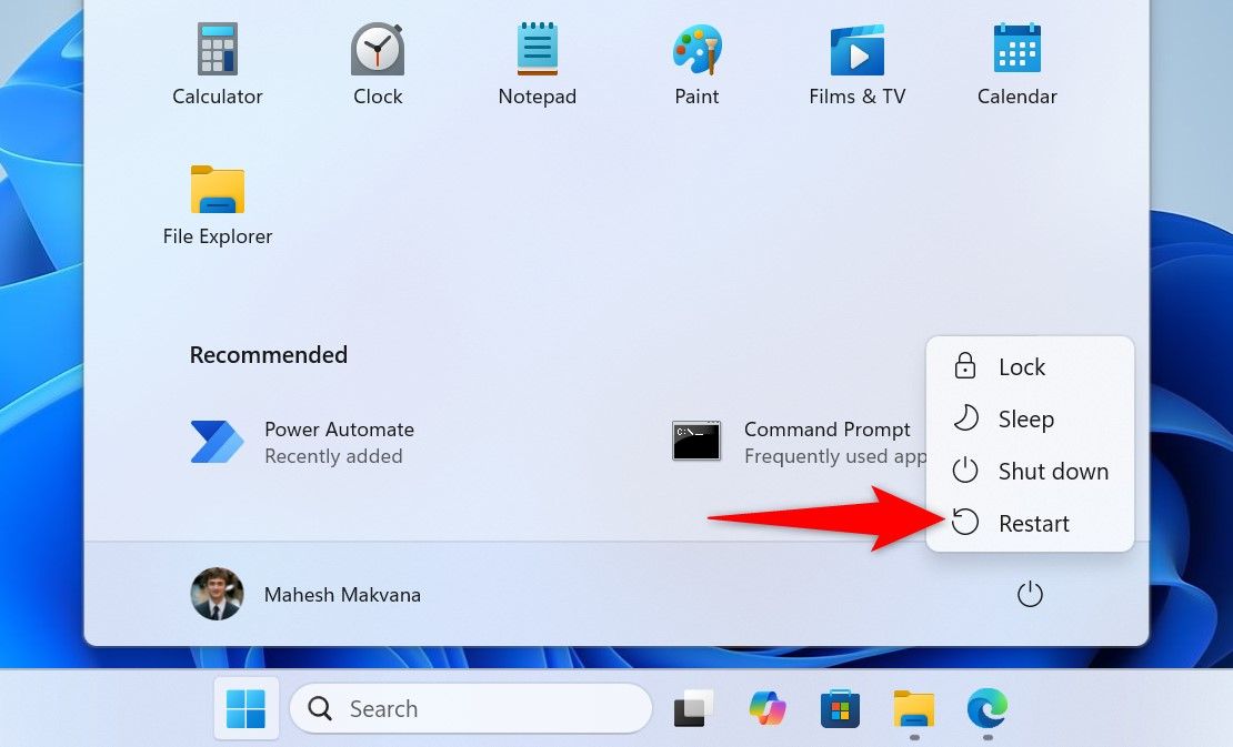 Меню Пуск с выделенной Перезагрузкой
