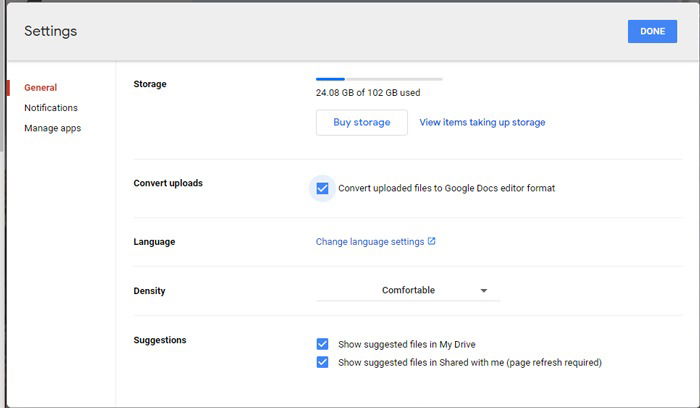 Настройки Google Drive для автоматической конвертации загружаемых Word файлов в Google Docs.