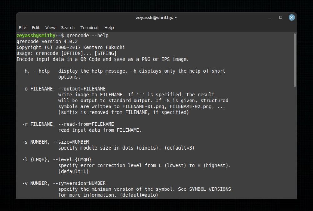 Опции qrencode, скриншот справки