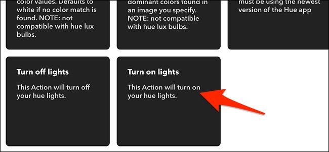 Экран выбора действия Philips Hue Turn on lights
