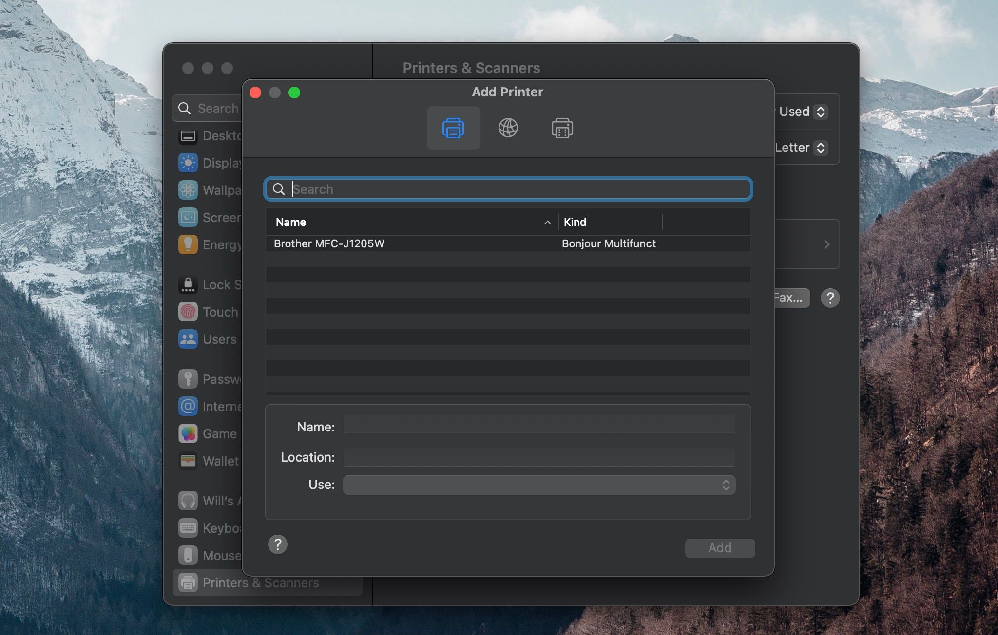 Окно добавления принтера в Системных настройках