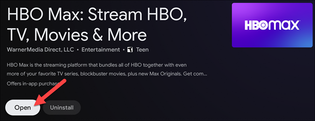 Открытие установленного приложения в Play Store на Android TV